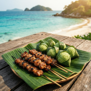 Thịt xiên nướng cơm nắm lá dứa